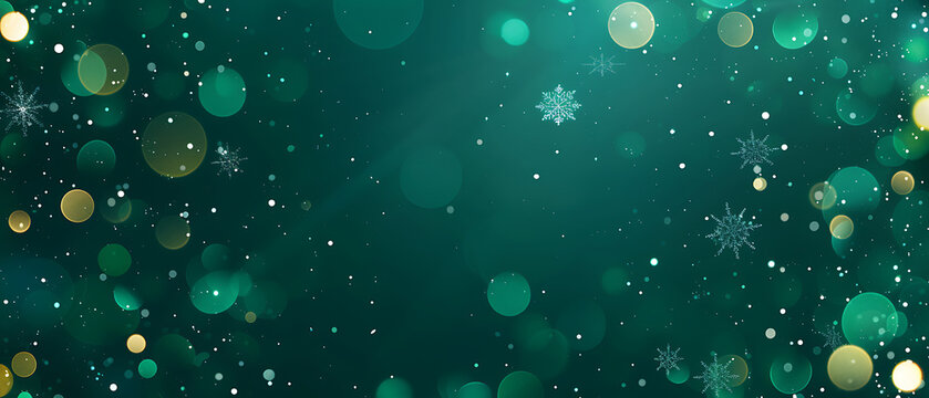 Wide Magical Winter Christmas Green Bokeh Banner with Delicate Snowflakes and Right Copy Space for Festive Retail Email Campaign