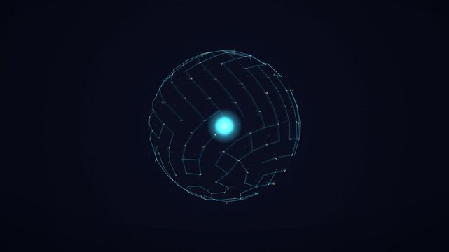 Abstract digital sphere with glowing core and connected network lines