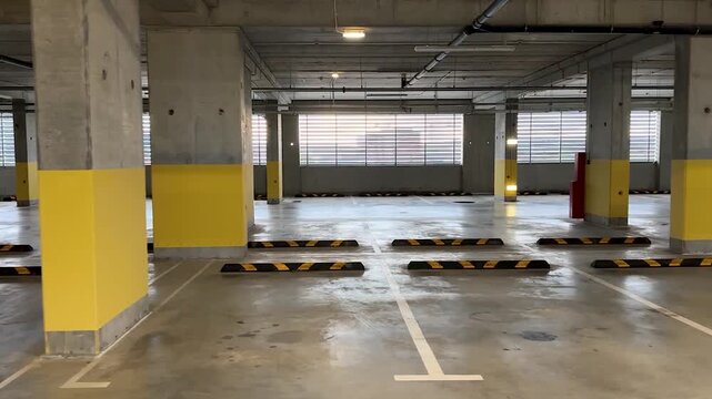 Empty parking floor at a corporate office building after work, with marked parking spaces, concrete columns, wheel stops and natural light