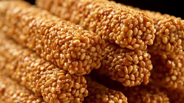 Macro Close-Up Stack of Golden Sesame Seed Bars (Pasteli or Sesame Snaps) Coated in Caramelized Syrup, Traditional Healthy Sweet Snack Confectionery