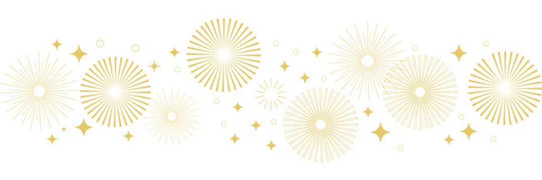 Festive bursting fireworks and sparkling stars pattern on white background Vector,Gold fireworks border