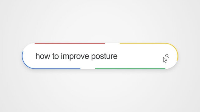 Close-up view of typing "how to improve posture" into an online search bar with a cursor clicking the search icon, illustrating internet search and posture improvement research