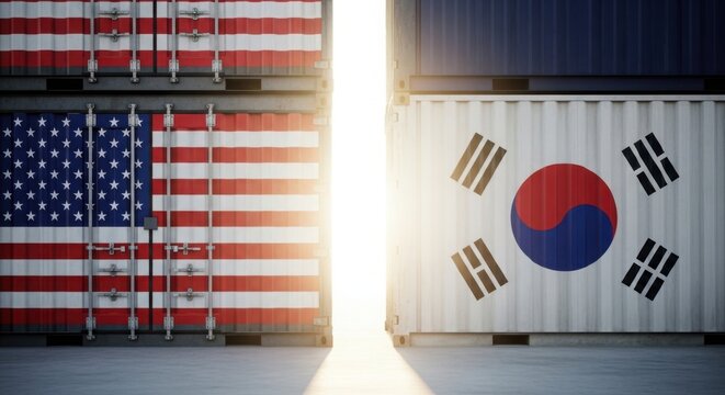 American and south korean flags on window display illustration