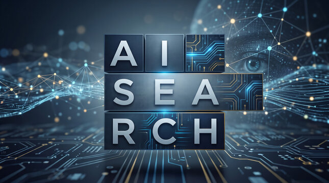 「AI SEARCH」の文字を立体ブロックで表現した先進的なAI検索のイメージグラフィック