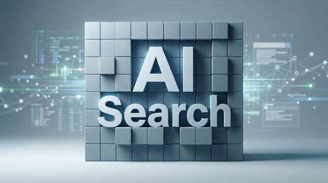 「AI Search」の文字を立体キューブで表現した人工知能検索技術のイメージ