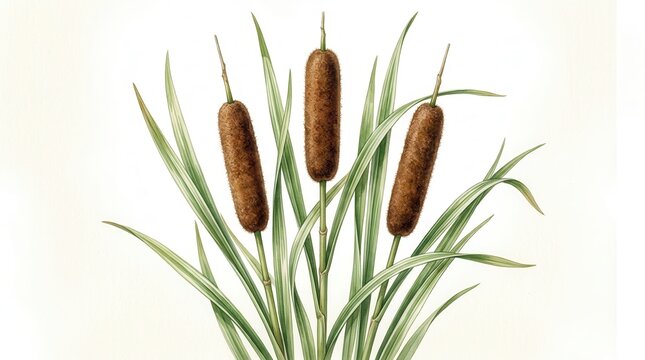 Botanical Illustration of Three Cattails with Green Leaves Isolated on White Background for Nature and Ecology Design