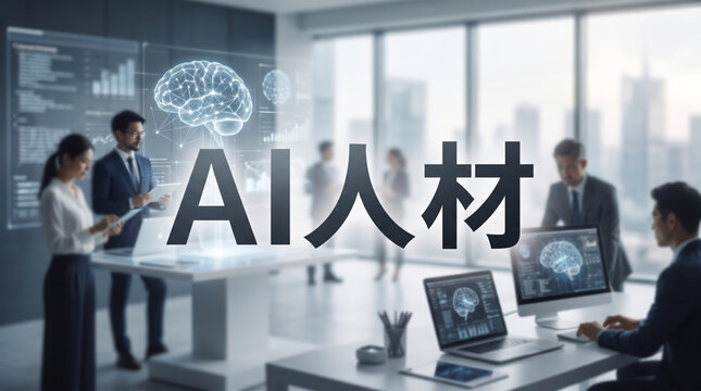 「AI人材」の文字を配置したオフィスで働くビジネスパーソンのビジュアル素材