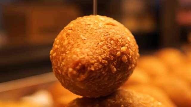 Extreme close-up macro shot of crispy deep-fried Quibe or Kibbeh appetizer covered in sesame seeds, showcasing the golden-brown texture of the traditional savory street food.