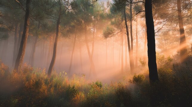 Sun rays shining through foggy pine forest during early morning sunrise