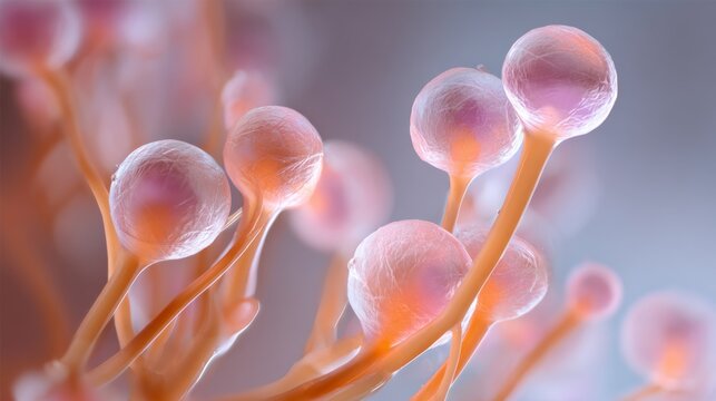 Close up of microscopic fungal spore structures and biological organisms