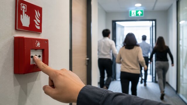 Hand of man pressing red fire alarm button on wall while people evacuate office corridor toward emergency exit sign
