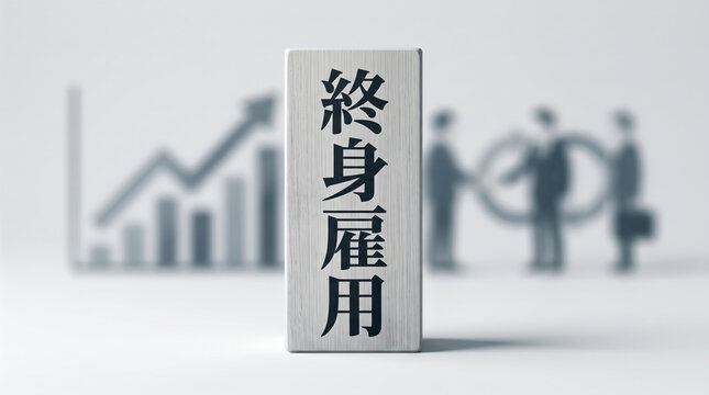 「終身雇用」の文字を刻んだ木製ブロックと日本の労働慣行を示すビジネスイメージ