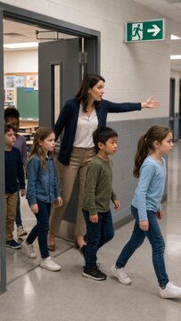 Teacher leading group of children during emergency evacuation in school corridor. Woman guiding pupils along exit sign route. Vertical