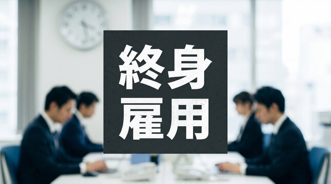 「終身雇用」の文字を表示したオフィスで働くビジネスパーソンのコンセプト画像