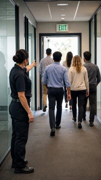 Woman security guard directing group of office workers toward exit sign during emergency evacuation. People leaving building through corridor door. Vertical