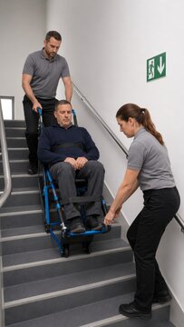 Emergency evacuation drill with man in wheelchair using evacuation chair on staircase. Woman and man helping disabled person go down stairs near fire exit sign. Safety training concept. Vertical