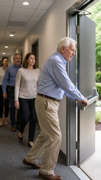 Group of people leaving building through emergency exit door during evacuation drill. Senior man opening fire exit door for coworkers in office hallway. Vertical