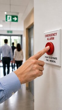 Hand of man pressing red emergency alarm button on wall in office corridor. People walking to exit sign during fire evacuation. Safety alert and building security concept. Vertical