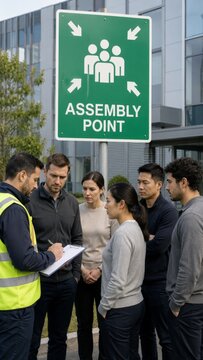 Group of colleagues gathered at green assembly point sign during emergency evacuation drill. Safety officer with clipboard checking employee list outside office building. Vertical