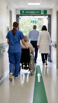 Nurse in blue scrubs pushing senior woman in wheelchair toward emergency exit during evacuation of hospital corridor. Doctor and man following evacuation route with green arrow. Vertical