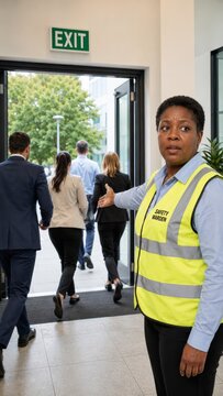 African american woman safety warden in reflective vest directing office workers to emergency exit during building evacuation drill. Vertical