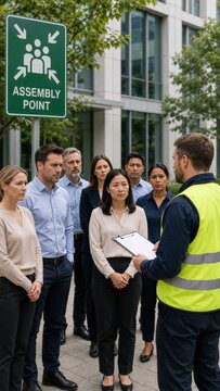 Group of office workers gathered at assembly point during emergency evacuation drill. Vertical