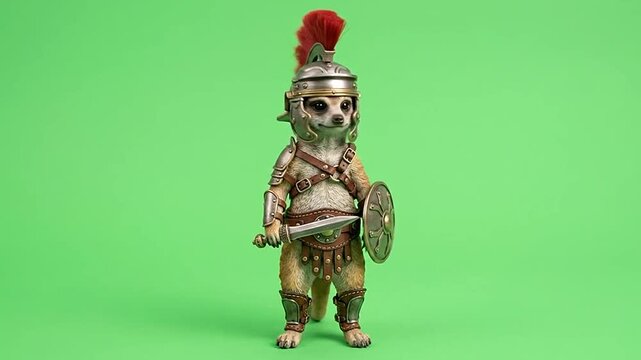 Meerkat wearing Roman centurion armor and holding a sword against a green background