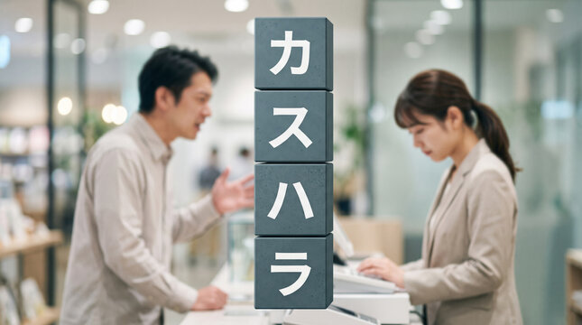 店舗でクレーム対応をする店員と「カスハラ」の文字を描いた概念画像