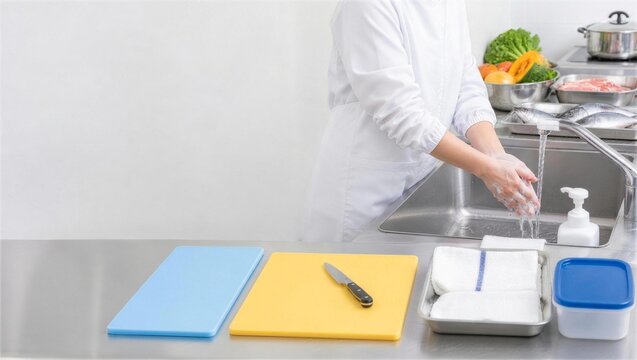 食品取扱者が流水で手洗いする厨房