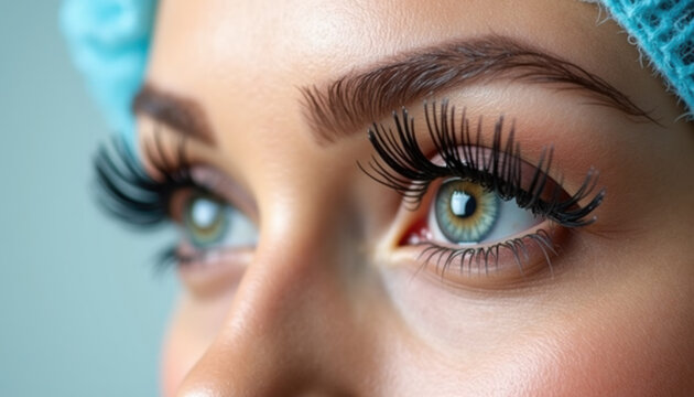 Before and after eyelash extension procedure. Woman Eyes with Long false Eyelashes. Close up macro shot - Beauty and fashion concept