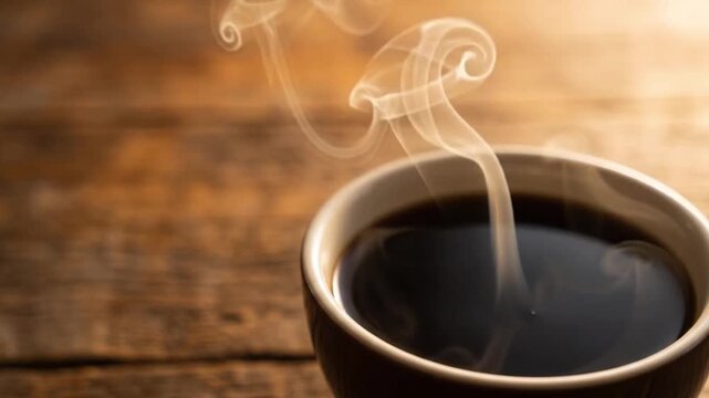 Hot black coffee with swirling steam in a brown cup on a rustic wooden table.