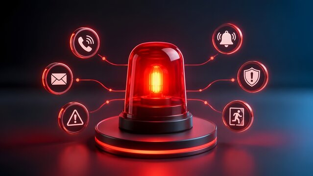Red emergency siren flasher with glowing notification icons representing security alert system and urgent communication