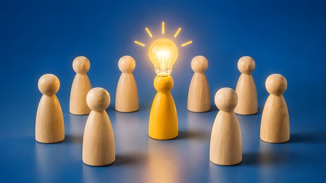 Yellow wooden figure with glowing lightbulb head standing out among crowd representing unique creative leadership concept