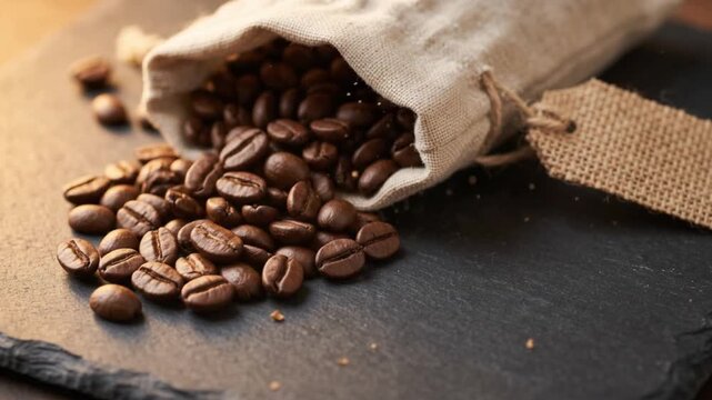 Roasted Coffee Beans Pouring into Burlap Sack on Dark Slate Background