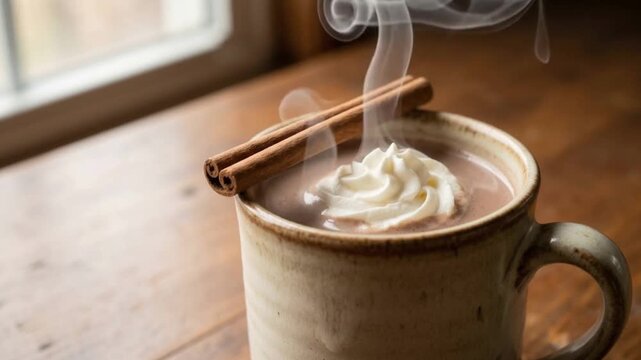 Steaming Hot Chocolate with Whipped Cream and Cinnamon Stick in a Rustic Mug
