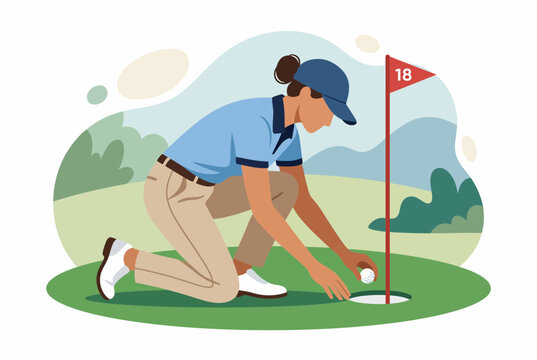 Female Golfer Kneeling on Putting Green Near Hole Vector