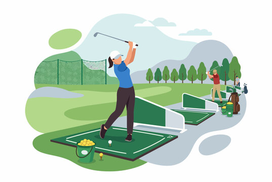 People Practicing Golf Swing at Driving Range Flat Illustration