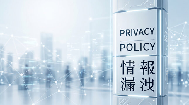 「情報漏洩」と「PRIVACY POLICY」の文字を配置したサイバーセキュリティのイメージ背景