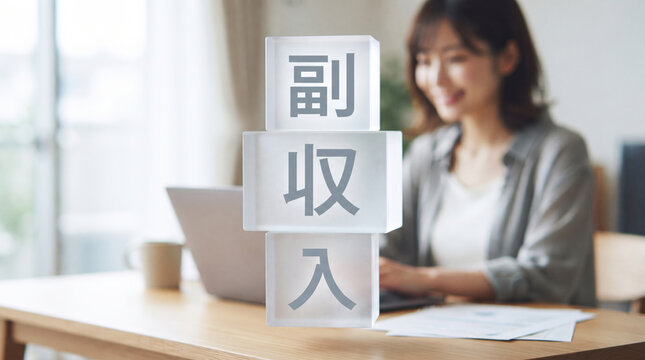 「副収入」の文字を強調したキューブとパソコンで在宅ワークをする女性のイメージ