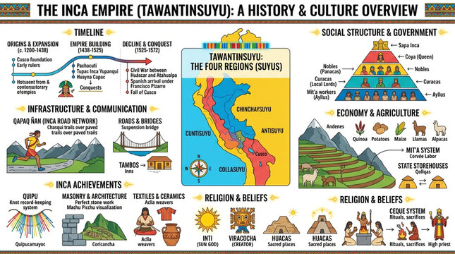 Inca Empire History and Culture Infographic with Tawantinsuyu Map Social Structure and Achievements