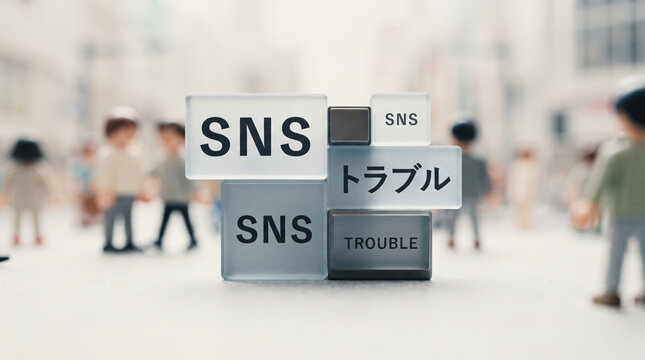 「SNSトラブル」の文字を立体ブロックで表現したコンセプト画像