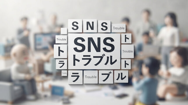「SNSトラブル」の文字を強調した社会問題とリスク管理のビジュアル素材