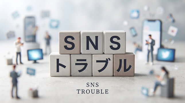 「SNSトラブル」の文字ブロックとスマートフォン操作をする人々の概念画像