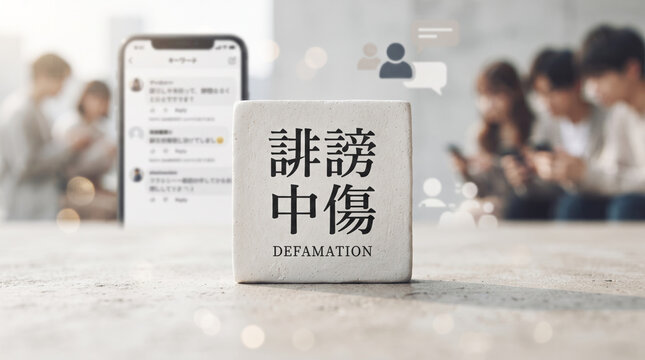 「誹謗中傷」の文字を描いたブロックとSNS上のトラブルを表現したイメージ