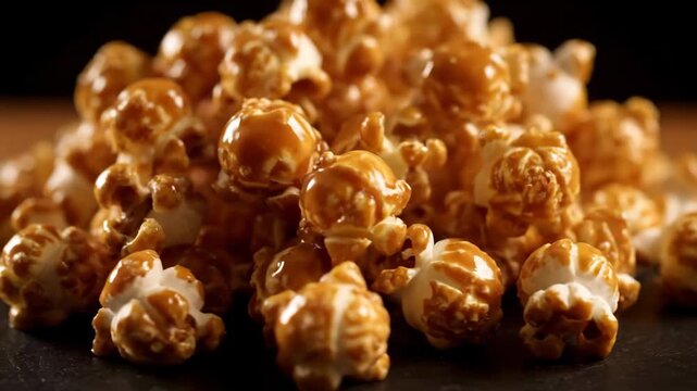 Macro Shot of Delicious Gourmet Caramel Popcorn Pile on a Dark Background. Sweet, Crunchy Snack Coated in Sticky Brown Toffee Sauce, Ready to Eat.