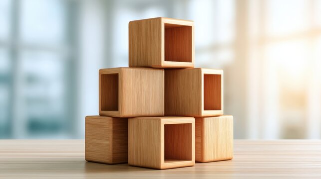 Visualization of hollow wooden cube blocks intricately nesting together, showcasing geometric design, natural textures, and modular construction in a modern artistic arrangement.