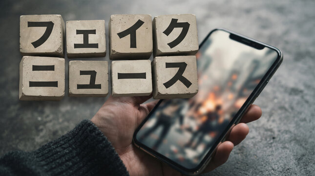 「フェイクニュース」の文字ブロックとスマートフォンを見る手