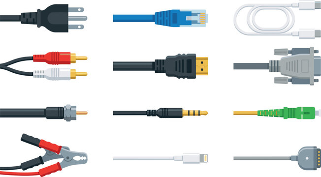 Electronic Cable and Connector Vector Icon Set Featuring HDMI, USB Type C, Ethernet RJ45, Audio Aux, RCA, Coaxial, and Jumper Cables for Technology Designs