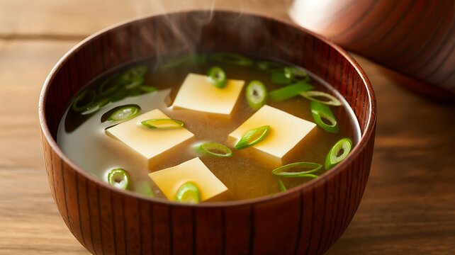 Miso soup with tofu cubes and green onions served in a traditional bowl
