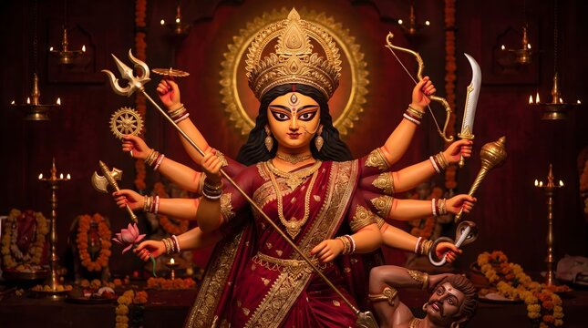 A majestic and divine representation of maa durga featuring multiple arms holding traditional weapons during the auspicious navratri festival celebration